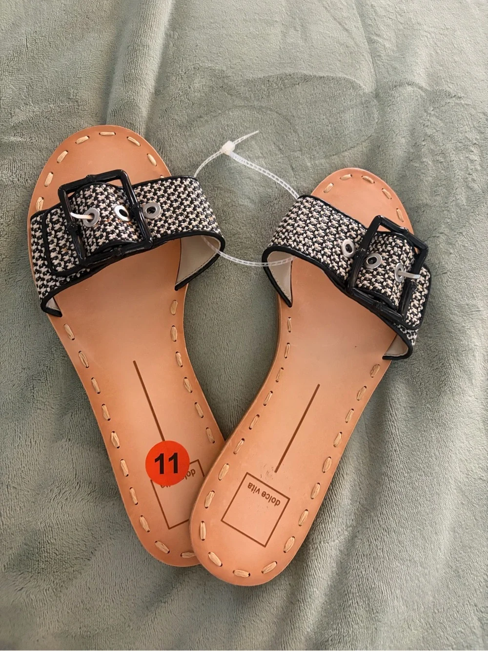 Dolce Vita Black and White Woven Buckle Slide Sandals with Tan Footbed